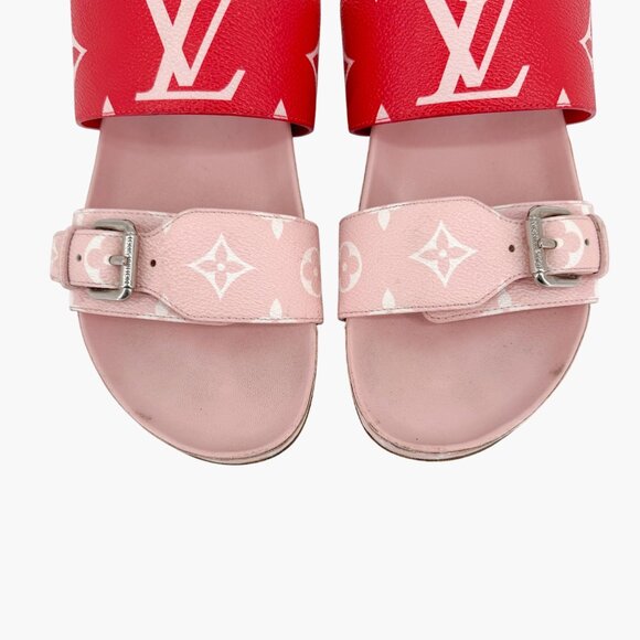 Louis Vuitton Bom Dia Slide Sandals Pink Red Monogram Canvas Size 38 US 8 Women - Picture 3 of 15